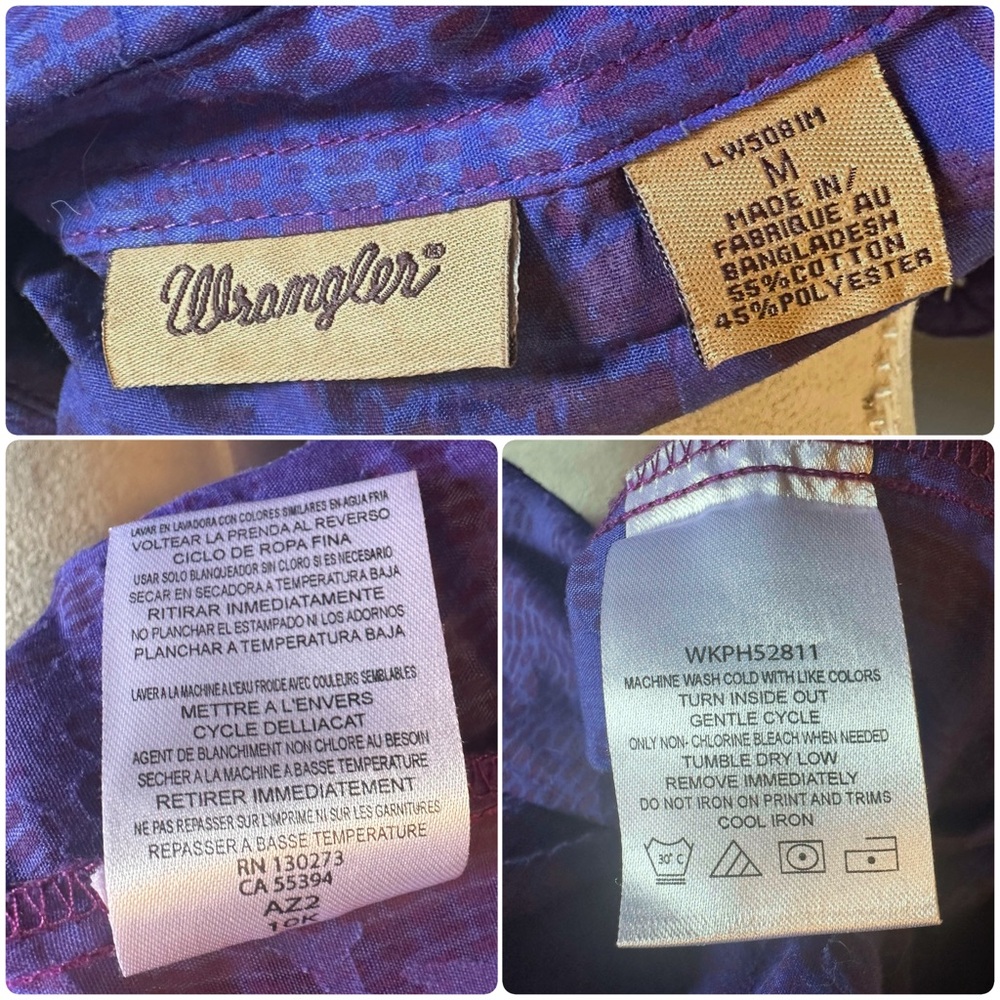 Women's Wrangler Snap Button Embroidered Sheer Shirt Purple Pink Sz M - Picture 11 of 12